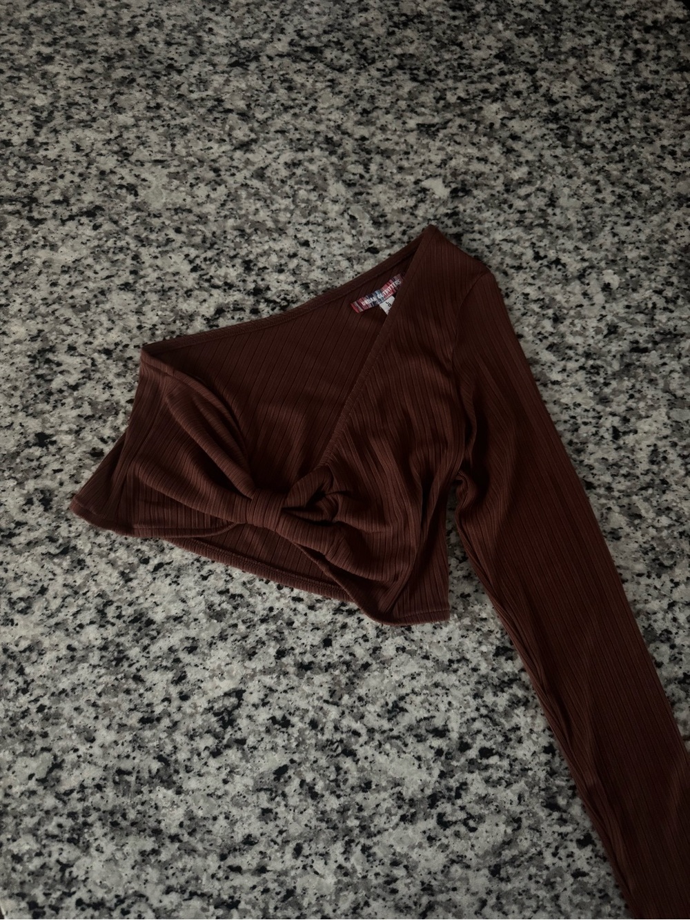 One-Shoulder Brown Ribbed Crop Top - Picture 6 of 6